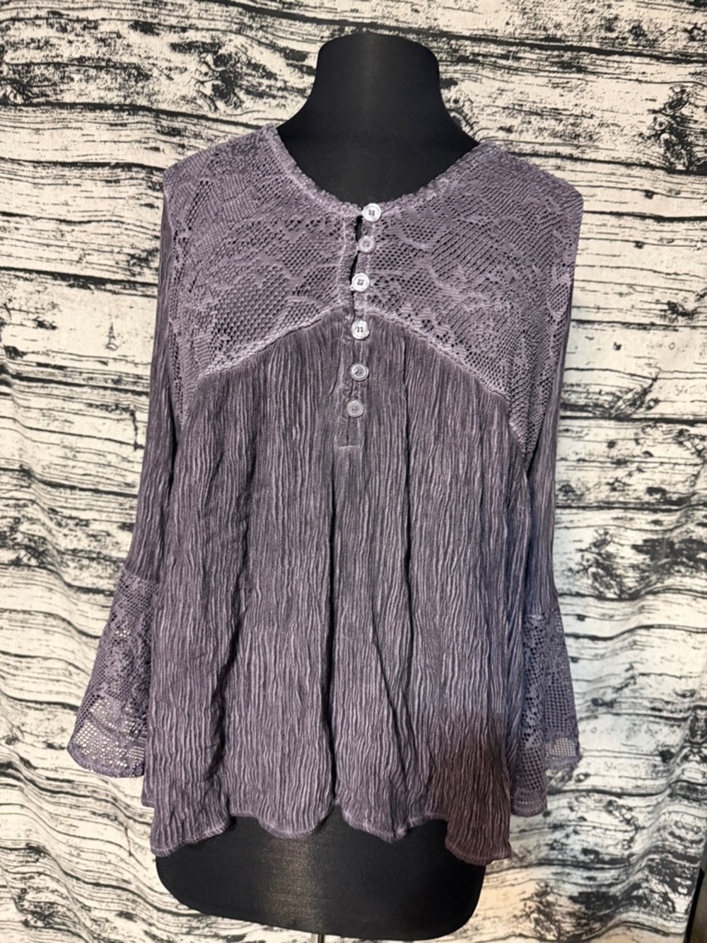 Button-Front Lace Yoke Crinkle Blouse in Dusty Purple